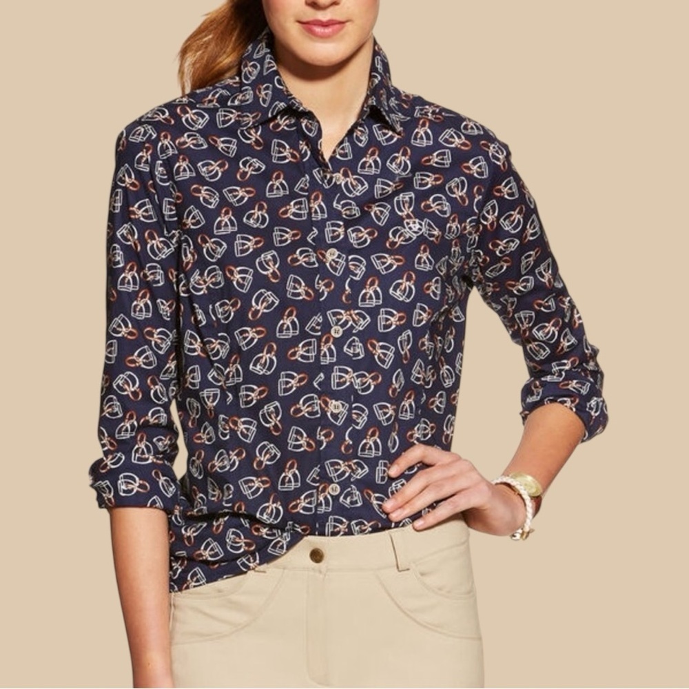 Ariat ‘Ladies Estribo Button-Up Shirt’ in Navy Blue Stirrup Print Multi Size S